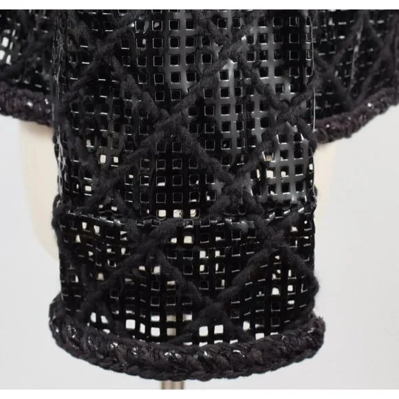 Chanel Brasserie 15K jacket coat 48 / 16 faux leather PVC perforated tweed black